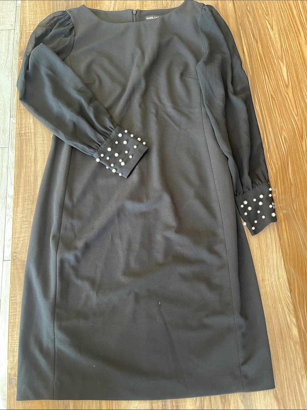Karl Lagerfeld Women's Black Cocktail Dress Sheer Sleeve Pearl Beads Size 10